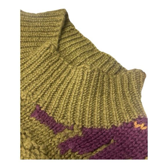 Vintage Mark Shale Large Wool Olive Green Autumn Fall Leaves AOP Sweater - Picture 6 of 10